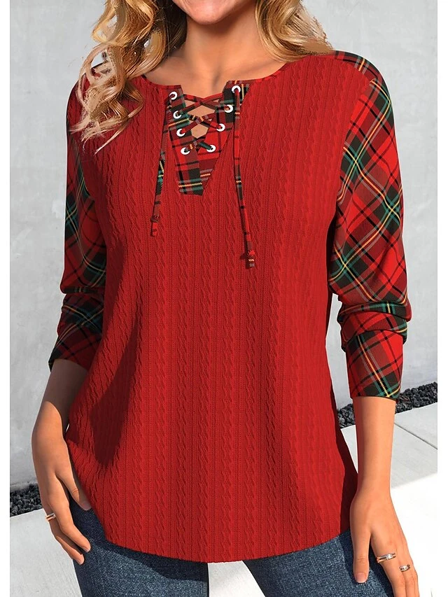 Women's T Shirt Tee Christmas Shirt Red Plaid Print Long Sleeve Christmas Weekend Festival / Holiday V Neck Regular Fit Painting Spring &Fall 4 Women's T Shirt Tee Christmas Shirt Red Plaid Print Long Sleeve Christmas Weekend Festival / Holiday V Neck Regular Fit Painting Spring &Fall - Image 2