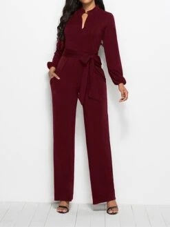 Women's Jumpsuit Lace Up Pocket Solid Color Stand Collar Streetwear Xmas Street Christmas Daily Regular Fit Long Sleeve Black Wine Red S M L Fall -Cheap Women Clothing Store klrrqm1692616051405