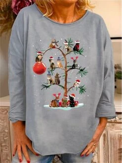 Women's T Shirt Tee Christmas Shirt Black Red Blue Cat Print Long Sleeve Christmas Weekend Festival / Holiday Round Neck Regular Fit Painting Spring &Fall 10 Women's T Shirt Tee Christmas Shirt Black Red Blue Cat Print Long Sleeve Christmas Weekend Festival / Holiday Round Neck Regular Fit Painting Spring &Fall -Cheap Women Clothing Store kmiycr1696672726287