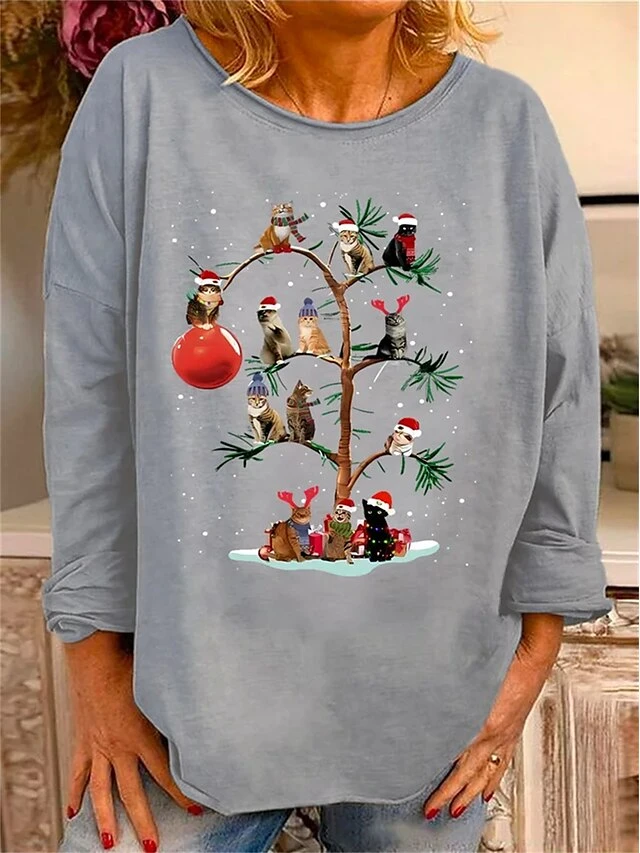 Women's T Shirt Tee Christmas Shirt Black Red Blue Cat Print Long Sleeve Christmas Weekend Festival / Holiday Round Neck Regular Fit Painting Spring &Fall 5 Women's T Shirt Tee Christmas Shirt Black Red Blue Cat Print Long Sleeve Christmas Weekend Festival / Holiday Round Neck Regular Fit Painting Spring &Fall - Image 3