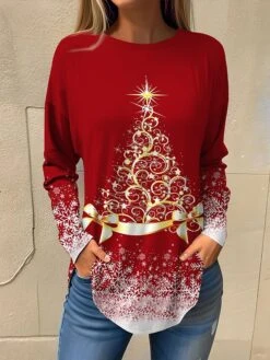 Women's T Shirt Tee Christmas Shirt Black Red Blue Christmas Tree Print Long Sleeve Party Christmas Weekend Festival / Holiday Print Christmas Round Neck Regular Fit Painting Spring &Fall