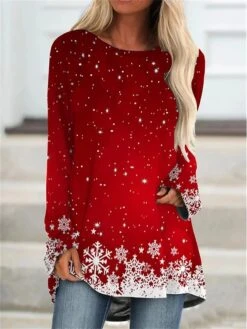 Women's T Shirt Tee Christmas Shirt Red Blue Purple Snowflake Print Long Sleeve Party Daily Weekend Daily Basic Print Round Neck Regular Fit Painting Fall & Winter