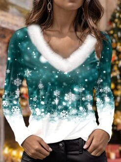 Women's T Shirt Tee Christmas Shirt Red Blue Purple Snowflake Print Long Sleeve Party Christmas Weekend Festival / Holiday Fur Collar Regular Fit Painting Fall & Winter -Cheap Women Clothing Store koerkf1697453709975