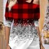 Women's Blouse Christmas Shirt Red Blue Purple Plaid Cut Out Asymmetric Print Long Sleeve Christmas Casual Festival / Holiday Round Neck Regular Fit Spring &Fall -Cheap Women Clothing Store kotpau1696752438036