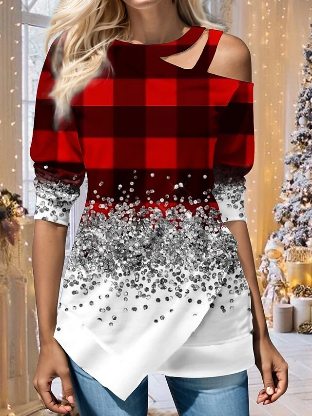 Women's Blouse Christmas Shirt Red Blue Purple Plaid Cut Out Asymmetric Print Long Sleeve Christmas Casual Festival / Holiday Round Neck Regular Fit Spring &Fall 3 Women's Blouse Christmas Shirt Red Blue Purple Plaid Cut Out Asymmetric Print Long Sleeve Christmas Casual Festival / Holiday Round Neck Regular Fit Spring &Fall