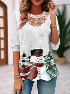Women's T Shirt Tee Christmas Shirt White Snowman Lace Print Long Sleeve Christmas Weekend Festival / Holiday Round Neck Regular Fit Painting Spring &Fall