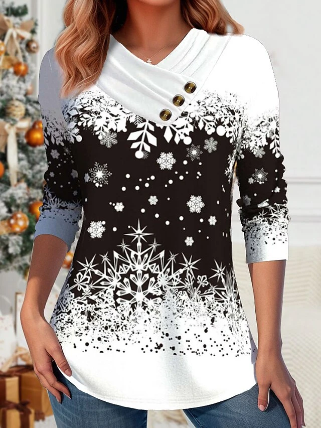 Women's Christmas Shirt Black Christmas Tree Snowflake Button Print Long Sleeve Christmas Weekend Festival / Holiday V Neck Regular Fit Painting Spring &Fall 3 Women's Christmas Shirt Black Christmas Tree Snowflake Button Print Long Sleeve Christmas Weekend Festival / Holiday V Neck Regular Fit Painting Spring &Fall