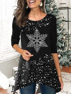 Women's T Shirt Tee Black Snowflake Flowing Tunic Print Long Sleeve Christmas Weekend Basic Round Neck Regular Fit Painting