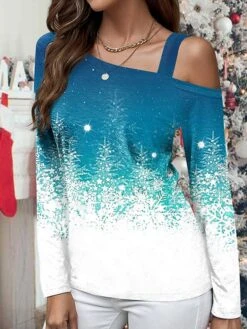 Women's T Shirt Tee Christmas Shirt Red Blue Purple Christmas Tree Print Long Sleeve Christmas Weekend Festival / Holiday Diagonal Neck Regular Fit Painting Spring &Fall