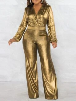 Women's Jumpsuit High Christmas Waist Solid Color V Neck Streetwear Party Xmas Street Regular Fit Long Sleeve Gold Green S M L Fall -Cheap Women Clothing Store krxjsn1695281837259