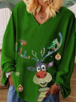 Women's T Shirt Tee Christmas Shirt Black Red Green Reindeer Print Long Sleeve Party Christmas Weekend Festival / Holiday Funny Christmas V Neck Regular Fit Painting Spring &Fall 7 Women's T Shirt Tee Christmas Shirt Black Red Green Reindeer Print Long Sleeve Party Christmas Weekend Festival / Holiday Funny Christmas V Neck Regular Fit Painting Spring &Fall -Cheap Women Clothing Store ksuzeq1694685166648