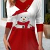 Women's T Shirt Tee Christmas Shirt Black Red Snowman Button Print Long Sleeve Christmas Weekend Festival / Holiday V Neck Regular Fit Painting Spring &Fall -Cheap Women Clothing Store kudgje1697110218374