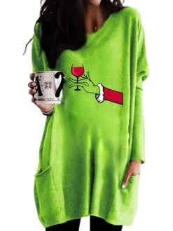 Women's T Shirt Tee Christmas Shirt Grass Green Light Green Army Green Graphic Ugly Christmas Monster Pocket Print Long Sleeve Christmas Weekend Festival / Holiday Christmas V Neck Regular Fit -Cheap Women Clothing Store kusifs1695291364685