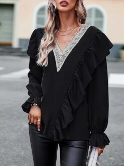 Women's Christmas Shirt Black Pink Red USA Ruffle Long Sleeve Party Work Gothic Standing Collar Form Fit Floral Lantern Sleeve Spring & Summer -Cheap Women Clothing Store kuyuuh1697624606387