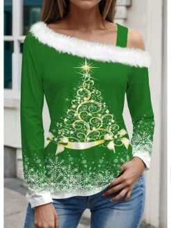 Women's T Shirt Tee Christmas Shirt Black Yellow Red Christmas Tree Snowflake Print Long Sleeve Christmas Weekend Festival / Holiday Diagonal Neck Regular Fit Painting Spring &Fall -Cheap Women Clothing Store kvsfyc1695801838707