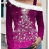 Women's Blouse Christmas Shirt Pink Blue Green Christmas Tree Sparkly Print Long Sleeve Party Christmas Casual Festival / Holiday Fur Collar Regular Fit Spring &Fall