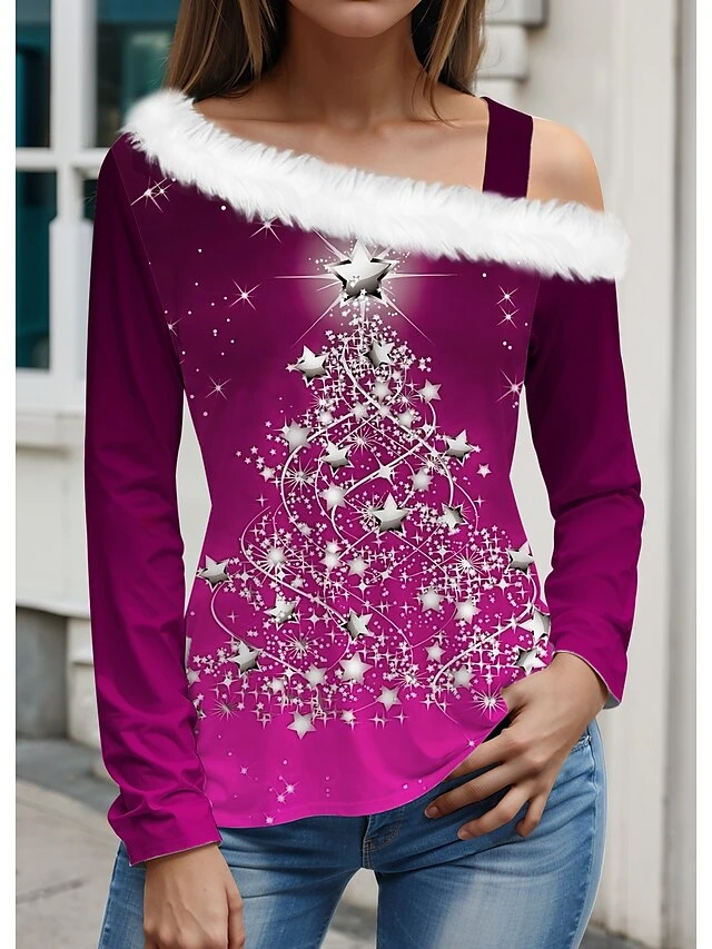 Women's Blouse Christmas Shirt Pink Blue Green Christmas Tree Sparkly Print Long Sleeve Party Christmas Casual Festival / Holiday Fur Collar Regular Fit Spring &Fall 3 Women's Blouse Christmas Shirt Pink Blue Green Christmas Tree Sparkly Print Long Sleeve Party Christmas Casual Festival / Holiday Fur Collar Regular Fit Spring &Fall