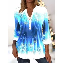 Women's Shirt Blouse Black White Red Graphic Print Snowflake Button Flowing Tunic Print Long Sleeve Christmas Christmas V Neck Regular Fit Fall & Winter -Cheap Women Clothing Store kwezug1665484315916