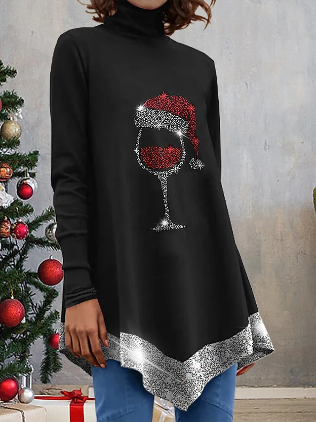 Women's T Shirt Tee Christmas Shirt Black Graphic Print Long Sleeve Christmas Weekend Basic Christmas High Neck Regular Fit Painting 3 Women's T Shirt Tee Christmas Shirt Black Graphic Print Long Sleeve Christmas Weekend Basic Christmas High Neck Regular Fit Painting