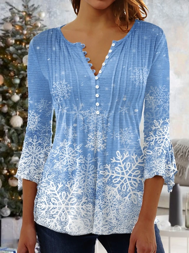 Women's Shirt Blouse Christmas Shirt Denim Blue Grass Green Black Snowflake Button Print 3/4 Length Sleeve Christmas Streetwear Casual Round Neck Regular Fit 7 Women's Shirt Blouse Christmas Shirt Denim Blue Grass Green Black Snowflake Button Print 3/4 Length Sleeve Christmas Streetwear Casual Round Neck Regular Fit - Image 5