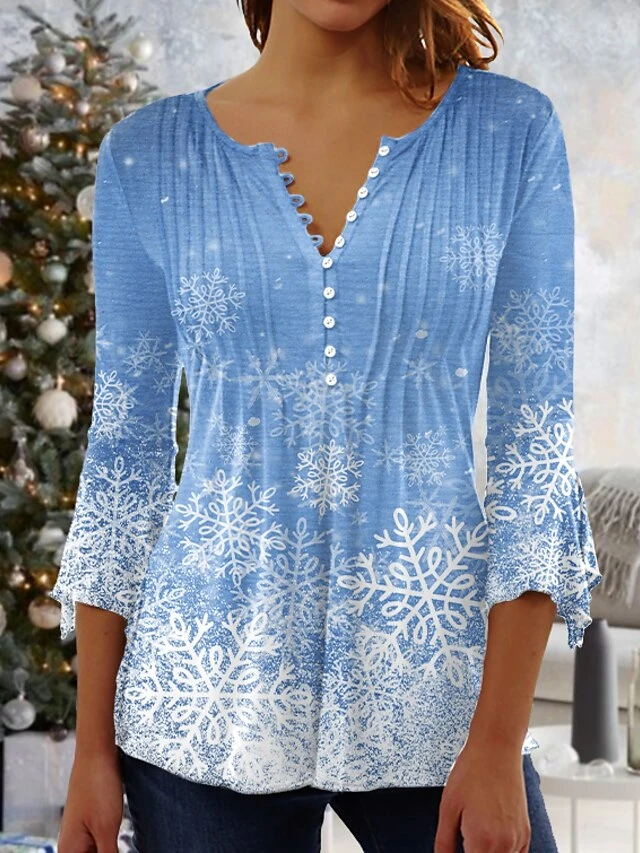 Women's Shirt Christmas Shirt Red Blue Purple Snowflake Button Print 3/4 Length Sleeve Christmas Weekend Streetwear Casual Round Neck Regular Fit 3 Women's Shirt Christmas Shirt Red Blue Purple Snowflake Button Print 3/4 Length Sleeve Christmas Weekend Streetwear Casual Round Neck Regular Fit