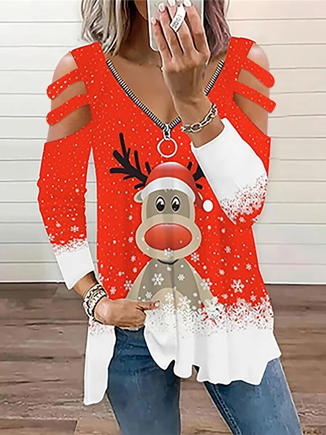 Women's Funny Tee Shirt Christmas Shirt Black Pink Red Elf Print Long Sleeve Christmas Christmas V Neck Loose Fit Chicago 5 Women's Funny Tee Shirt Christmas Shirt Black Pink Red Elf Print Long Sleeve Christmas Christmas V Neck Loose Fit Chicago - Image 3