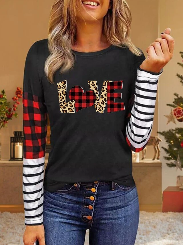 Women's Shirt Christmas Shirt Leopard Yellow Pink Color Block Print Deer Print Long Sleeve Christmas Casual Daily Casual Round Neck Regular Fit 4 Women's Shirt Christmas Shirt Leopard Yellow Pink Color Block Print Deer Print Long Sleeve Christmas Casual Daily Casual Round Neck Regular Fit - Image 2