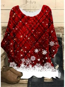 Women‘s Plus Size Christmas Tops Blouse Shirt Snowflake Print Long Sleeve Casual Daily Polyester Winter Fall Black Blue