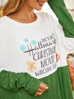 Women's T Shirt Tee Christmas Shirt Green Color Block Letter Pocket Print Long Sleeve Christmas Weekend Festival / Holiday Christmas Round Neck Regular Fit Painting Spring &Fall -Cheap Women Clothing Store laeegm1695379556547