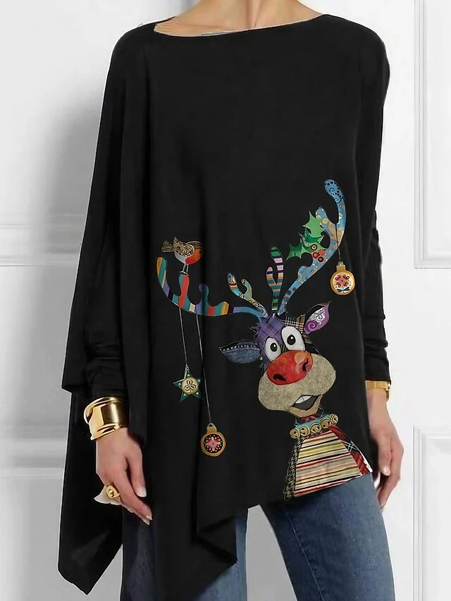 Women's T Shirt Tee Christmas Shirt Black Red Reindeer Asymmetrical Print Long Sleeve Christmas Weekend Festival / Holiday Off Shoulder Regular Fit Painting Spring &Fall 3 Women's T Shirt Tee Christmas Shirt Black Red Reindeer Asymmetrical Print Long Sleeve Christmas Weekend Festival / Holiday Off Shoulder Regular Fit Painting Spring &Fall