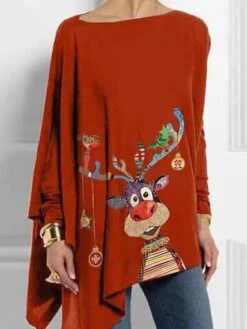 Women's Funny Tee Shirt Red Black Animal Print Long Sleeve Christmas Christmas Round Neck Long Loose Fit S / 3D Print