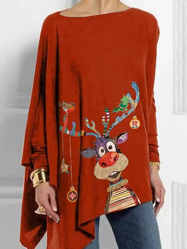 Women's T Shirt Tee Christmas Shirt Black Red Reindeer Asymmetrical Print Long Sleeve Christmas Weekend Festival / Holiday Off Shoulder Regular Fit Painting Spring &Fall 4 Women's T Shirt Tee Christmas Shirt Black Red Reindeer Asymmetrical Print Long Sleeve Christmas Weekend Festival / Holiday Off Shoulder Regular Fit Painting Spring &Fall - Image 2