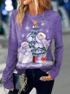 Women's T Shirt Tee Christmas Shirt Pink Blue Purple Snowman Christmas Tree Print Long Sleeve Christmas Weekend Festival / Holiday Christmas Round Neck Regular Fit Painting Spring &Fall -Cheap Women Clothing Store lfgktl1695636606916
