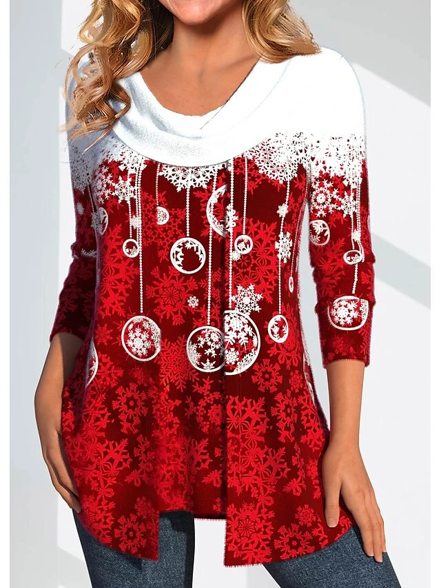 Women's Blouse Christmas Shirt Red Snowflake Print Long Sleeve Party Christmas Casual Festival / Holiday Round Neck Regular Fit Spring &Fall 4 Women's Blouse Christmas Shirt Red Snowflake Print Long Sleeve Party Christmas Casual Festival / Holiday Round Neck Regular Fit Spring &Fall - Image 2