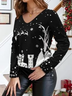 Women's T Shirt Tee Black White Red Santa Claus Snowman Reindeer Print Long Sleeve Christmas Weekend Basic V Neck Regular Fit Painting -Cheap Women Clothing Store livbwb1667280218499