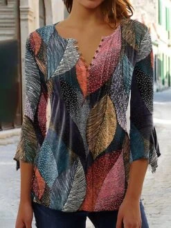 Women's Shirt Christmas Shirt Rainbow Leaves Button Print 3/4 Length Sleeve Christmas Weekend Streetwear Casual Round Neck Regular Fit Floral