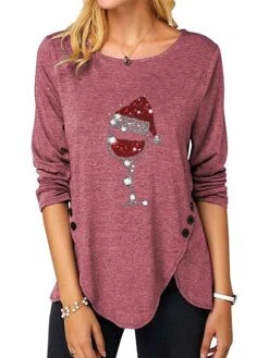 Women's T Shirt Tee Christmas Shirt Sky-blue Black Pink Graphic Print Long Sleeve Christmas Weekend Basic Christmas Round Neck Regular Fit Painting -Cheap Women Clothing Store llvprt1665739180641