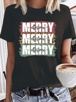 Women's T Shirt Tee Christmas Shirt 100% Cotton Black White Wine Graphic Letter Print Short Sleeve Christmas Daily Weekend Basic Christmas Round Neck Regular Fit Painting