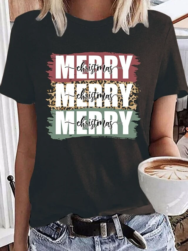 Women's T Shirt Tee Christmas Shirt 100% Cotton Black White Wine Graphic Letter Print Short Sleeve Christmas Daily Weekend Basic Christmas Round Neck Regular Fit Painting 3 Women's T Shirt Tee Christmas Shirt 100% Cotton Black White Wine Graphic Letter Print Short Sleeve Christmas Daily Weekend Basic Christmas Round Neck Regular Fit Painting