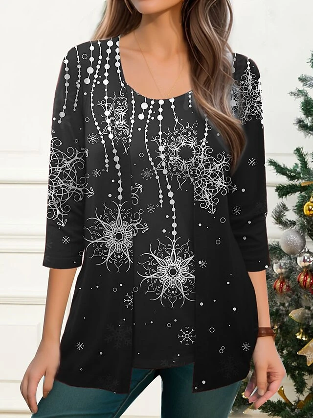 Women's Blouse Christmas Shirt Black Red Blue Snowflake Print 3/4 Length Sleeve Party Christmas Casual Festival / Holiday Round Neck Regular Fit Spring &Fall 5 Women's Blouse Christmas Shirt Black Red Blue Snowflake Print 3/4 Length Sleeve Party Christmas Casual Festival / Holiday Round Neck Regular Fit Spring &Fall - Image 3
