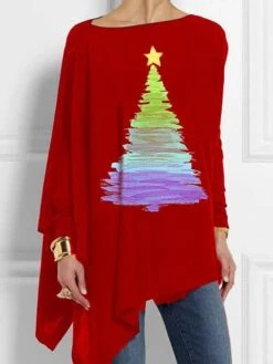 Women's T Shirt Tee Christmas Shirt Black Red Green Christmas Tree Asymmetrical Print Long Sleeve Christmas Weekend Festival / Holiday Off Shoulder Regular Fit Painting Spring &Fall -Cheap Women Clothing Store lphldi1697540307779