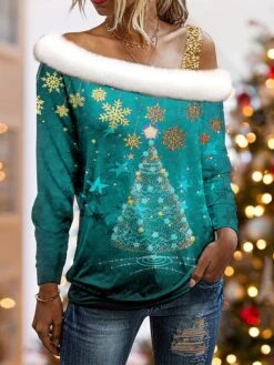 Women's Blouse Christmas Shirt Yellow Red Blue Christmas Tree Snowflake Print Long Sleeve Christmas Casual Festival / Holiday Fur Collar Regular Fit Spring &Fall -Cheap Women Clothing Store lrceuz1696752549276