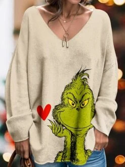 Women's T Shirt Tee Christmas Shirt Khaki Graphic Ugly Christmas Print Long Sleeve Christmas Weekend Festival / Holiday V Neck Regular Fit Painting Spring &Fall