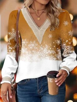 Women's Blouse Christmas Shirt Pink Blue Brown Snowflake Lace Print Long Sleeve Christmas Casual Festival / Holiday V Neck Regular Fit Spring &Fall N / A -Cheap Women Clothing Store lsyxdr1697453955011