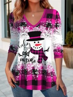 Women's T Shirt Tee Christmas Shirt Yellow Pink Red Plaid Snowman Print Long Sleeve Christmas Weekend Festival / Holiday Print Christmas V Neck Regular Fit Painting Spring &Fall 8 Women's T Shirt Tee Christmas Shirt Yellow Pink Red Plaid Snowman Print Long Sleeve Christmas Weekend Festival / Holiday Print Christmas V Neck Regular Fit Painting Spring &Fall -Cheap Women Clothing Store ltcnva1694430119016