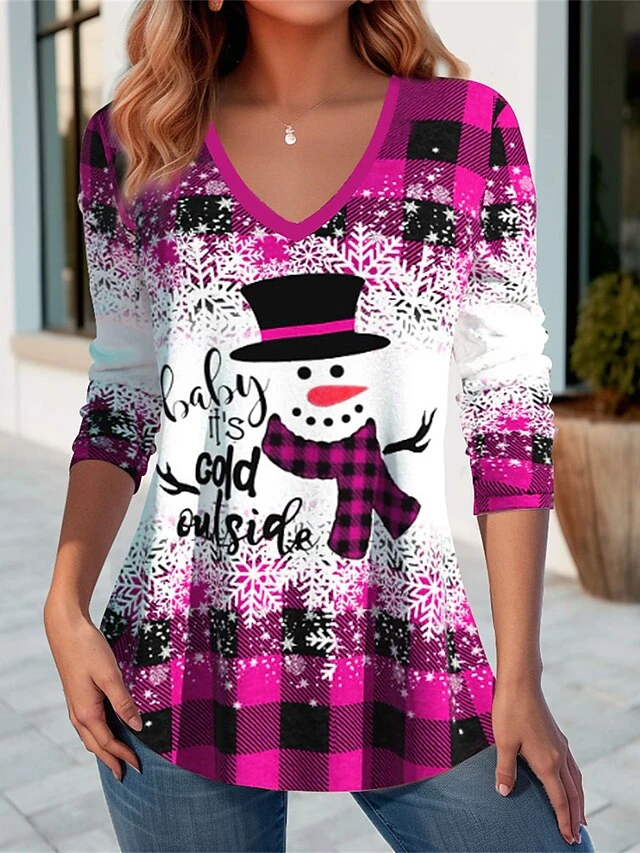Women's T Shirt Tee Christmas Shirt Yellow Pink Red Plaid Snowman Print Long Sleeve Christmas Weekend Festival / Holiday Print Christmas V Neck Regular Fit Painting Spring &Fall 5 Women's T Shirt Tee Christmas Shirt Yellow Pink Red Plaid Snowman Print Long Sleeve Christmas Weekend Festival / Holiday Print Christmas V Neck Regular Fit Painting Spring &Fall - Image 3