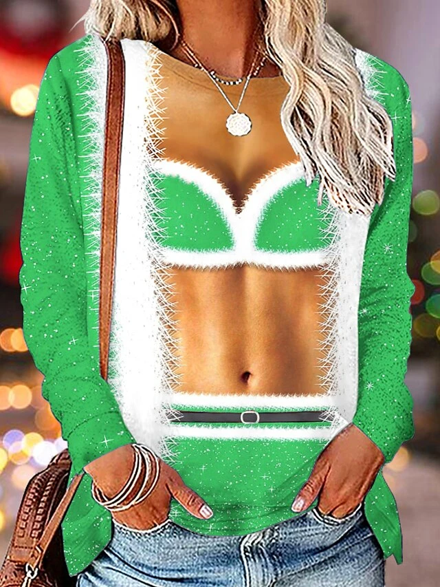 Women's T Shirt Tee Christmas Shirt Pink Red Blue Graphic Ugly Christmas Print Long Sleeve Christmas Weekend Basic Christmas Round Neck Regular Fit Floral Painting Fall & Winter 6 Women's T Shirt Tee Christmas Shirt Pink Red Blue Graphic Ugly Christmas Print Long Sleeve Christmas Weekend Basic Christmas Round Neck Regular Fit Floral Painting Fall & Winter - Image 4