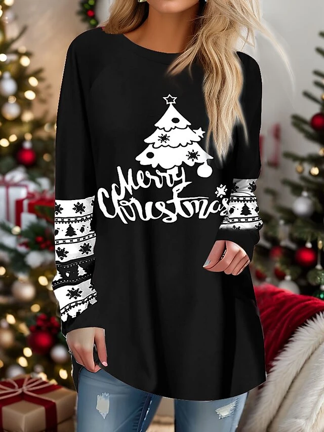 Women's T Shirt Tee Christmas Shirt Black Yellow Red Letter Christmas Tree Print Long Sleeve Party Christmas Weekend Festival / Holiday Christmas Round Neck Regular Fit Painting Spring &Fall 6 Women's T Shirt Tee Christmas Shirt Black Yellow Red Letter Christmas Tree Print Long Sleeve Party Christmas Weekend Festival / Holiday Christmas Round Neck Regular Fit Painting Spring &Fall - Image 4