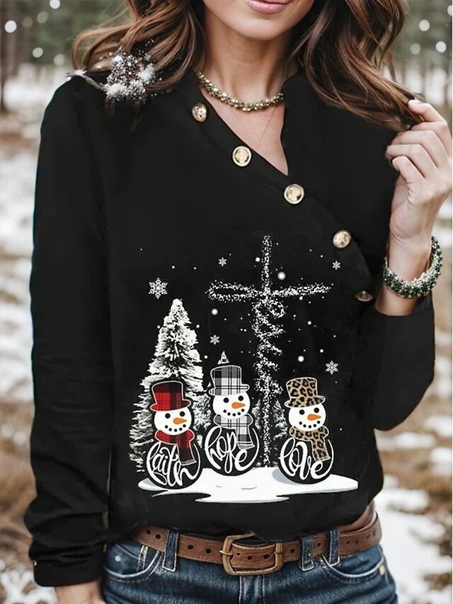 Women's T Shirt Tee Christmas Shirt Black Red Blue Snowman Christmas Tree Button Print Long Sleeve Party Christmas Weekend Festival / Holiday Fur Collar V Neck Regular Fit Painting Spring &Fall 4 Women's T Shirt Tee Christmas Shirt Black Red Blue Snowman Christmas Tree Button Print Long Sleeve Party Christmas Weekend Festival / Holiday Fur Collar V Neck Regular Fit Painting Spring &Fall - Image 2