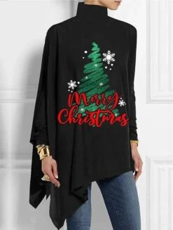 Women's T Shirt Tee Christmas Shirt Black Christmas Tree Snowflake Asymmetrical Print Long Sleeve Christmas Weekend Festival / Holiday High Neck Regular Fit Painting Spring &Fall